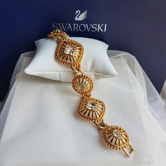 AUTHENTIC Swarovski 24k Gold Plated Statement Chunky Bracelet Vintage RARE